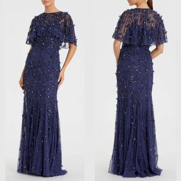 Mac Duggal 93653 Size 18 Dark Navy Blue Floral Cape Trumpet Gown Long Maxi Dress - Picture 2 of 4